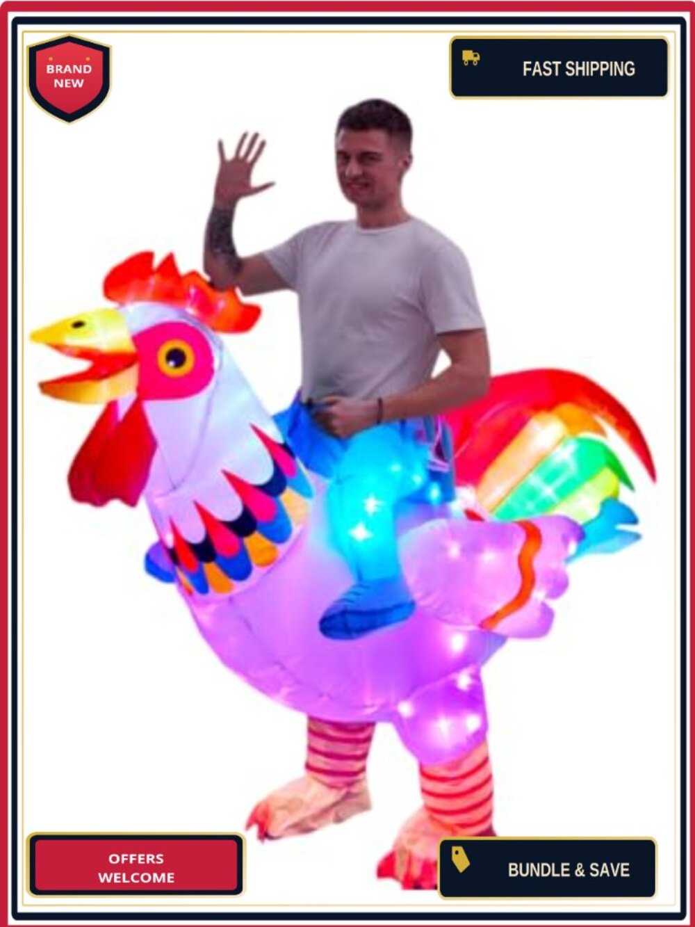 Adult Inflatable Ride-On Rooster Costume Smart LED Lights Adjustable Waist